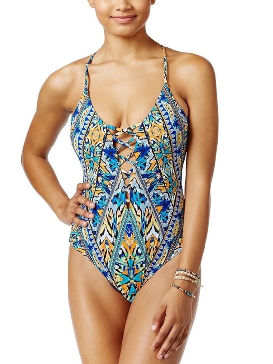 Bar III Other - Bar III Women's Monarchy Tribal-Print Tassel Lace-Up One-Piece Swimsuit Sz:S NWT